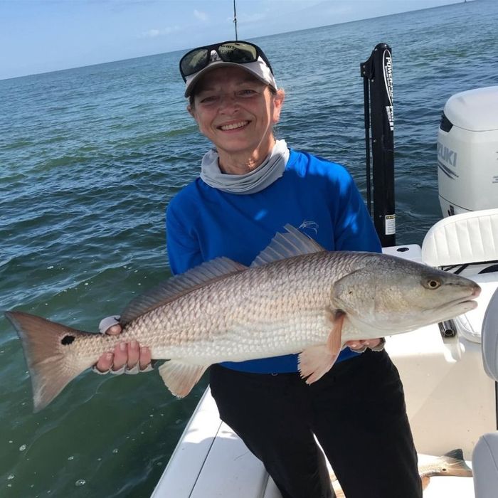 woman in blue shirt holding a huge fish