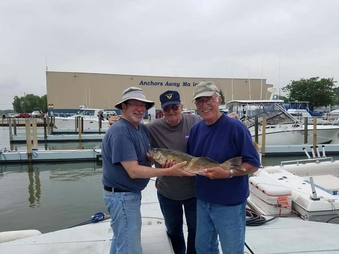 3 men together holding one giant fish