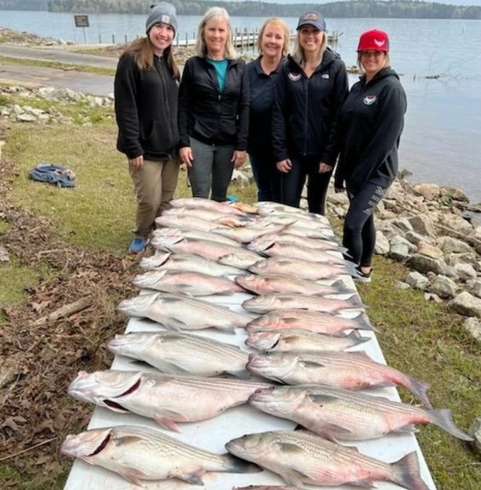 lined-up crappie in front of women anglers