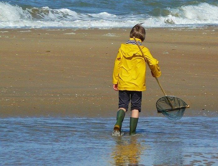 A young kid in a yellow jacket holding a net walking on the beach