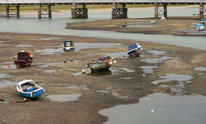 boats near bridge and on mud flats