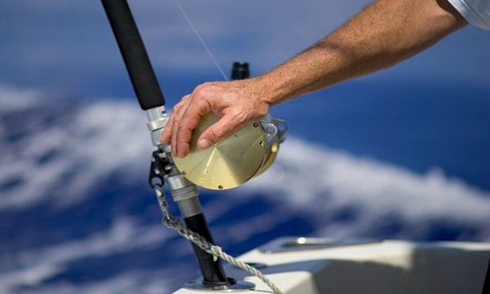 hand on top of a fishing reel