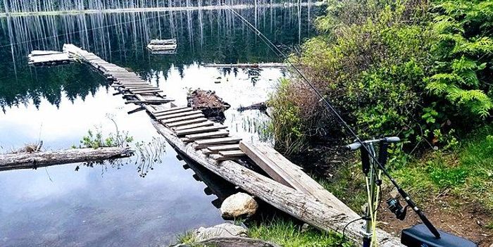 fishing rod on a holder facing the lake