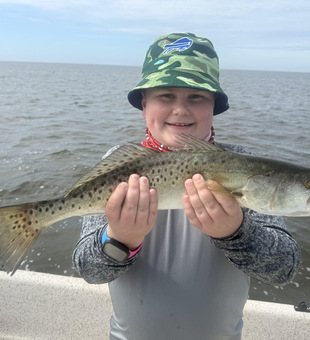 Nice speckled trout on light tackle! Deep sea trolling pays off in these waters.