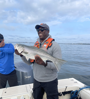 A massive striped bass landed after a thrilling deep sea fishing adventure in Boston!