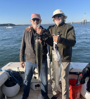 Nice striped bass action today using deep sea jigging and trolling techniques!