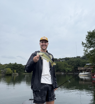 Nice smallmouth bass using heavy tackle at Buchanan Dam! Partly cloudy conditions made for exciting fishing.