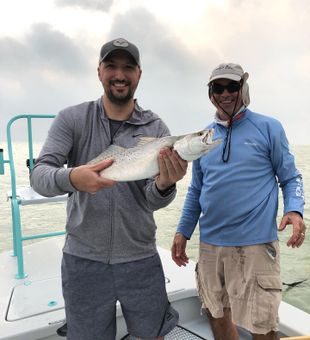 Proud anglers with a spotted seatrout catch