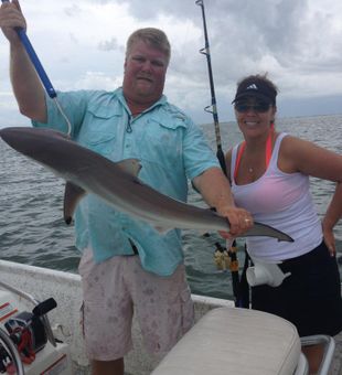 Man with sleek shark, fishing partner.