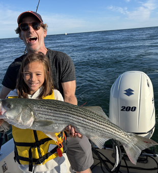 Nice striped bass on deep sea jigging in clear conditions at Barnstable Harbor!