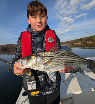 Nice striped bass using jigging and trolling techniques with light tackle!