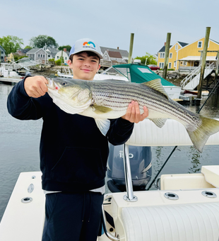 A huge striped bass reeled in with fancy fly fishing moves!