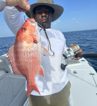Reeling in a Red Snapper during a partly cloudy day at the beach!