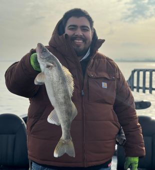 Smiling angler walleye fishing catch