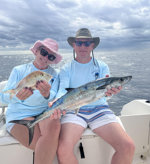 Nice king mackerel action using deep sea jigging and trolling techniques in these partly cloudy conditions!