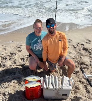Had a very productive day today! The Burketts got a nice dinner for the family with 2 nice pompano and 6 nice 12”+ whiting. We also found some puppy drum, bonnethead shark, small whiting, a blue and some catfish. Waves were 3-4ft and a strong north current. Ninja Tackle 12’ and 13’3 made it easy to keep the line out of the wave breaks and out of the light weeds. Wild Miles Tackle, LLC pompano rigs are what the pompano wanted today.