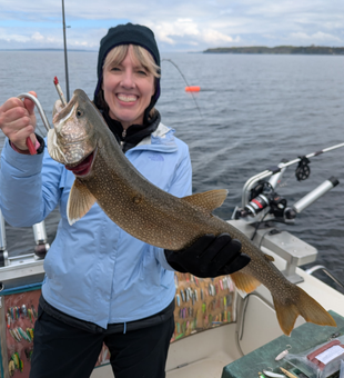 Beautiful Lake Champlain lake trout hauled aboard!