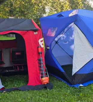 Ice fishing shelters ready for Adirondack adventure.