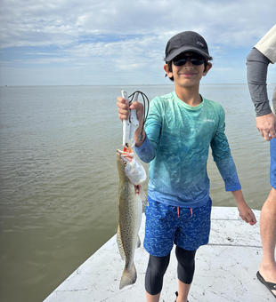 A spotted weakfish reeled in from the waters of Matagorda, TX.