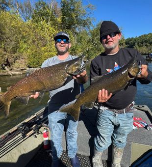 Reeling in Salmon on a guided Michigan fishing adventure.