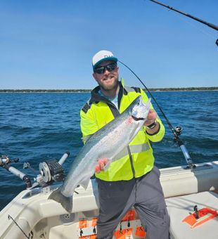 Bright Lake Michigan Coho salmon fishing charter catch.