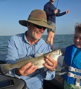 A 21-inch spotted weakfish landed with the light tackle drift fishing method.