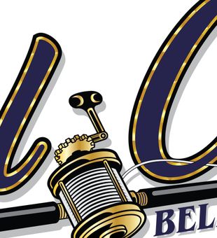 Sleek gold fishing reel logo.