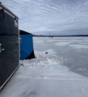 Ice fishing shelter ready on the frozen St. Croix River.