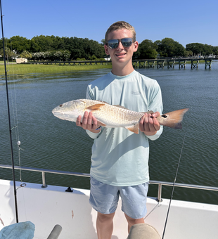 Light tackle triumphs: Reeling in a redfish on a clear day!