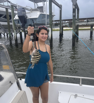 Reeling in a feisty Sheepshead on a partly cloudy day!