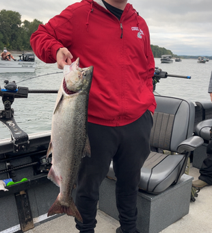 Nice Chinook salmon using jigging and trolling techniques in partly cloudy conditions.
