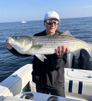 Reeling in a trophy-sized striped bass on a perfect day!