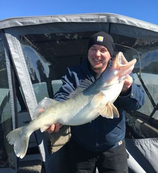 Proud Lake Erie walleye catch on a perfect blue-sky day.