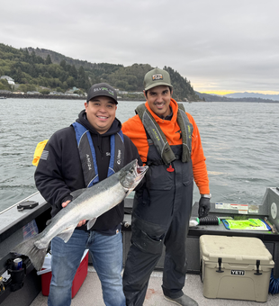 Nice coho salmon using trolling and drift fishing techniques on cloudy waters