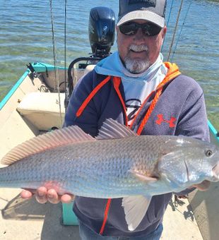 Showing off a redfish catch under clear waters!