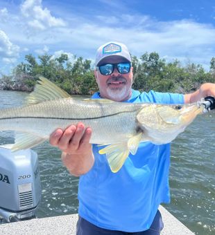Hooked up and reeling in big snook off Boca Grande Pass