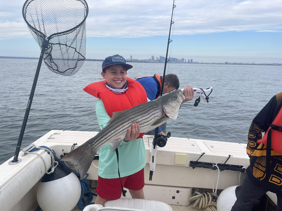 Nice striped bass using deep sea jigging and trolling in Hingham!