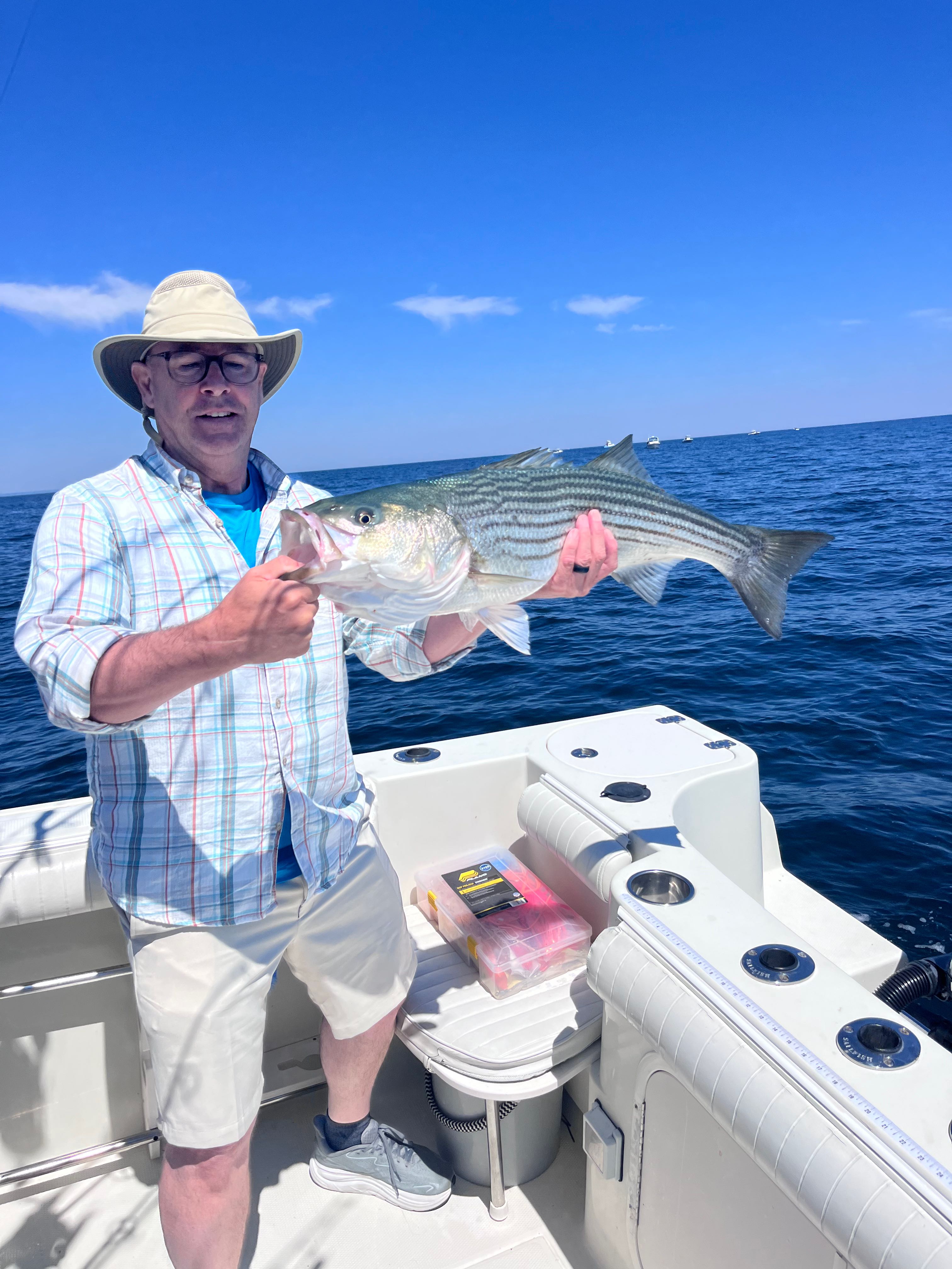 Beautiful East Dennis striped bass on deck!