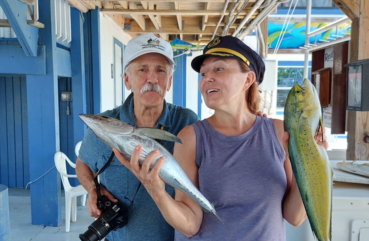 Colorful mahi-mahi and king mackerel catch on offshore fishing charter