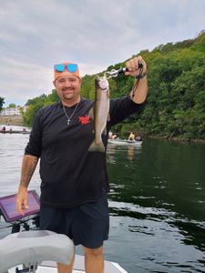 A group of 4 people fishing for a rainbow trout in Branson
