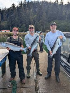Three coho salmon caught fishing in Roseburg OR displayed on dock