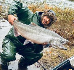 Photograph of a 29-inch Pink Salmon caught while fishing in Port Orford