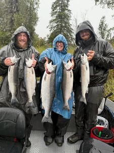Five Coho Salmon caught by three people fishing in Port Orford