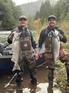 Two coho salmon and chinook salmon, 28 inches in size, caught while fishing in Port Orford