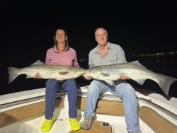 Two striped bass, 43 inches long, caught while fishing in Wells