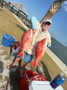 Two red snapper caught fishing in Port Orange Florida displayed on dock