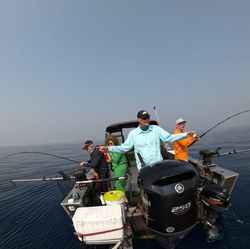 Three people fishing at a scenic location in CA