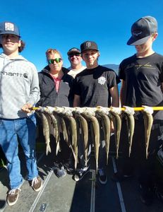 Two fishing rods with scenic Tahoe Vista in the background