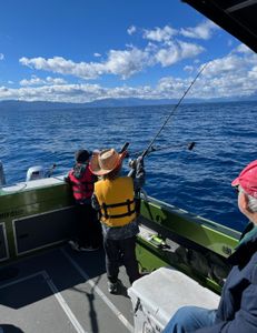 Scenic view of Lake Tahoe with fishing gear