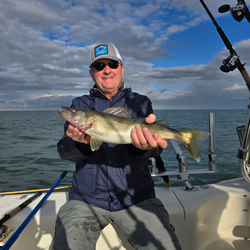 Nice walleye caught using jigging and trolling techniques in cloudy afternoon conditions.